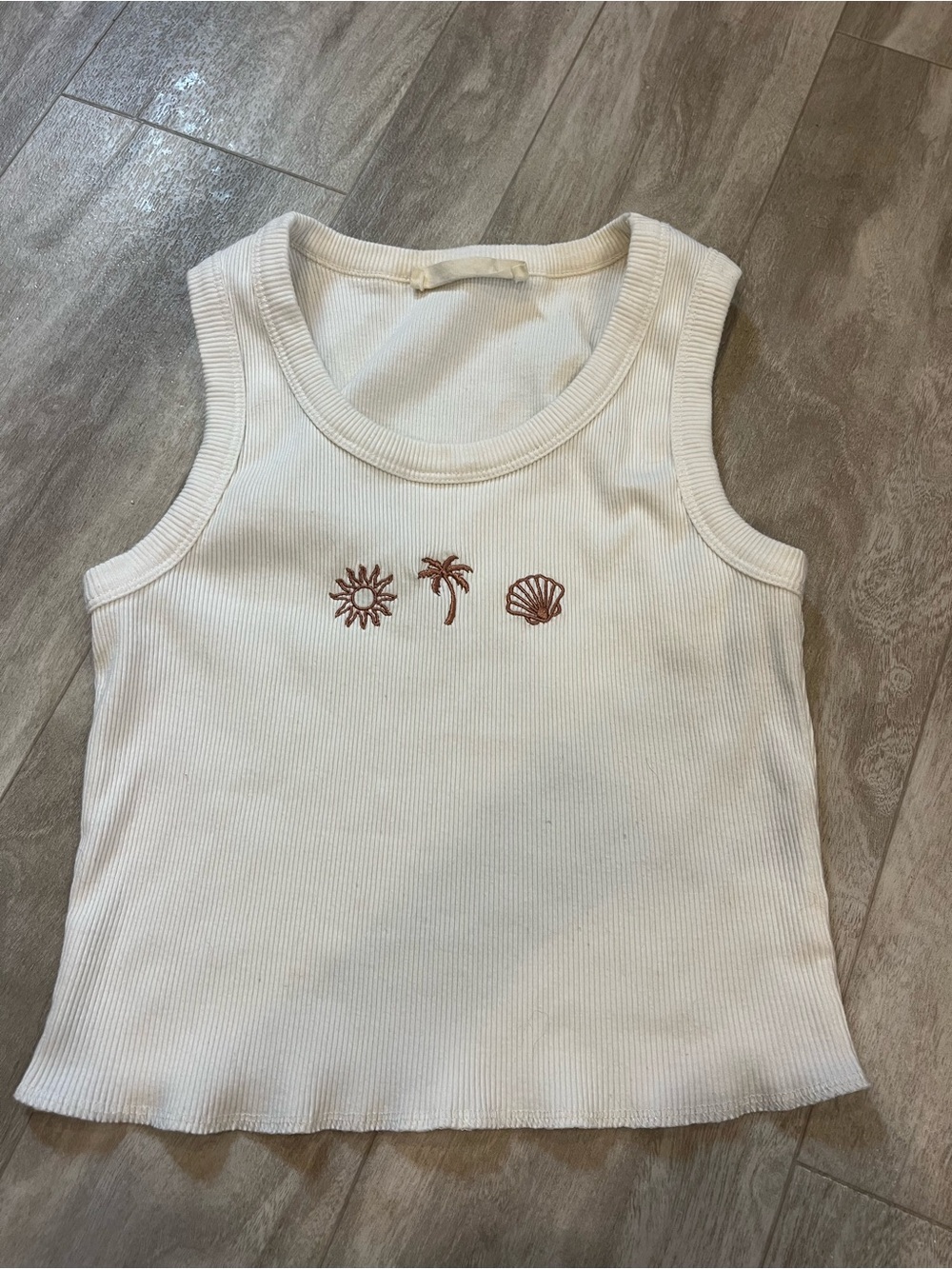 Ocean Drive Cream Ribbed Cropped Tank with Brown Embroidery